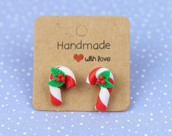 Christmas Candy Cane Stud Earrings, Xmas Food Studs, Stocking Stuffers
