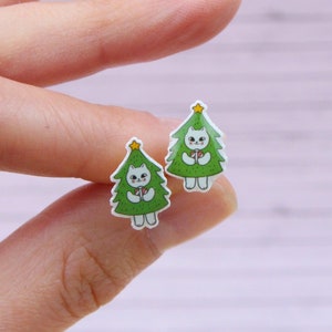 Christmas Cat Stud Earrings, Gift For Kids, Christmas Tree Earrings, Christmas Earrings, Secret Santa gift, Stockings stuffer