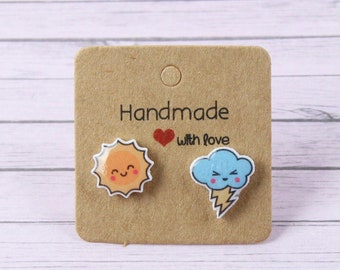 Kawaii Mismatched Stud Earrings: Handmade Acrylic Sun & Thundercloud