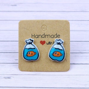 Goldfish in Bag Stud Earrings, Funny Kids Gift, Cute Fish Earrings