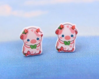 Puces d'oreilles vache fraise, cadeau enfant, boucles d'oreilles cottagecore, cadeau fille romantique, bijoux vache rose, boucles d'oreilles rêveur, boucles d'oreilles vache kawaii