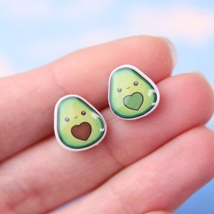Kawaii Avocado Stud Earrings, Food Lover Gift, Mismatched Earrings, Best Friend Gift, Miniature Food Studs, Avocado Jewelry, Vegan Earrings