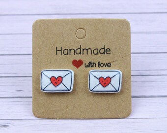 Love Letter Stud Earrings, Kids Valentines Gift, Heart Envelope Earrings