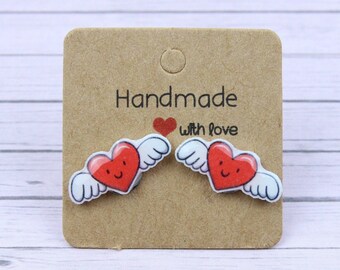 Kolczyki z sercem ze skrzydłami, prezent walentynkowy dla dzieci, kolczyki w kształcie serca anioła