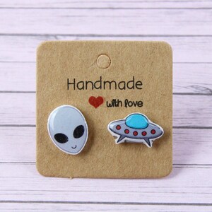 Alien Stud Earrings, Funny Friend Gift, UFO Mismatched Earrings, Flying Saucer Jewelry