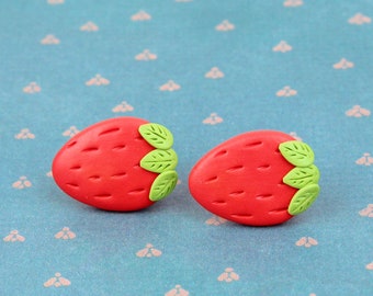 Red Strawberry Stud Earrings, Cottagecore Fashion Jewelry, Berry Fruit Earrings