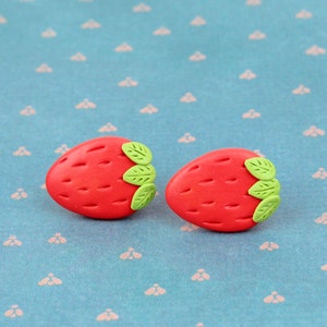Red Strawberry Stud Earrings, Cottagecore Fashion Jewelry, Berry Fruit Earrings