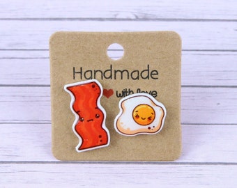 Handmade Mismatched Egg and Bacon Stud Earrings: Acrylic Resin Jewelry