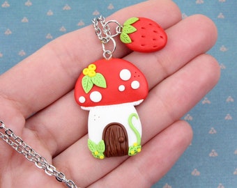 Fairy House Necklace, Red Toadstool Pendant, Cottagecore Mushroom Jewelry, Red Mushroom House Necklace