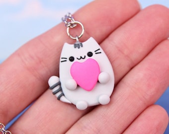 Polymer clay Pusheen Cat Necklace, Cute Anniversary Gift, Lovely Cat With Heart Charm, Kawaii Pusheen Pendant, Girlfriend Gift