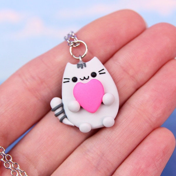 Polymer clay Pusheen Cat Necklace, Cute Anniversary Gift, Lovely Cat With Heart Charm, Kawaii Pusheen Pendant, Girlfriend Gift