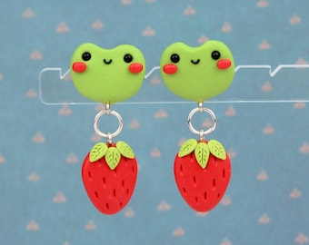 Goblincore Frog Stud Earrings, Cottagecore Strawberry Earrings, Happy Froggy Jewelry