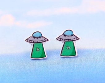 Flying Saucer Stud Earrings, UFO Alien Lover Gift