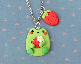 Goblincore Jewelry, Frog With Strawberry Necklace, Happy Green Froggy Pendant