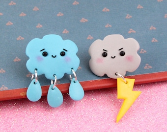 Thunder Cloud Stud Earrings, Mismatch Stud Earrings, Cottagecore Jewelry, Rain Lightning Earrings