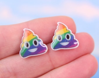 Rainbow Unicorn Poop Stud Earrings, Poop Emoji Earrings, Funny Jewelry, Best Friend Gift, Fun Emoji Studs, Poo Earrings, Rainbow Earrings