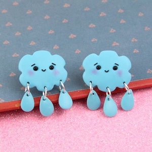 Blue Rain Cloud Stud Earrings With Dangle Raindrop Charms, Cottagecore Jewelry, Storm Earrings