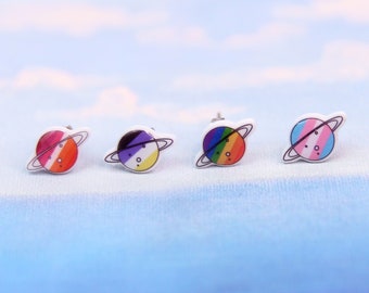 LGBTQ Planet Stud Earrings, Pride Flag Jewelry, Transgender Earrings, Lesbian Gift, Non Binary Jewelry, Rainbow Flag Earrings, Queer Studs