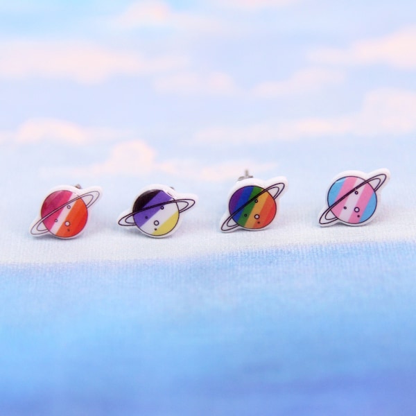 LGBTQ Planet Stud Earrings, Pride Flag Jewelry, Transgender Earrings, Lesbian Gift, Non Binary Jewelry, Rainbow Flag Earrings, Queer Studs