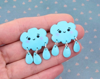 Blaue Regenwolke Ohrringe mit Regentropfen Charms, Cottagecore Schmuck, Sturm Ohrringe