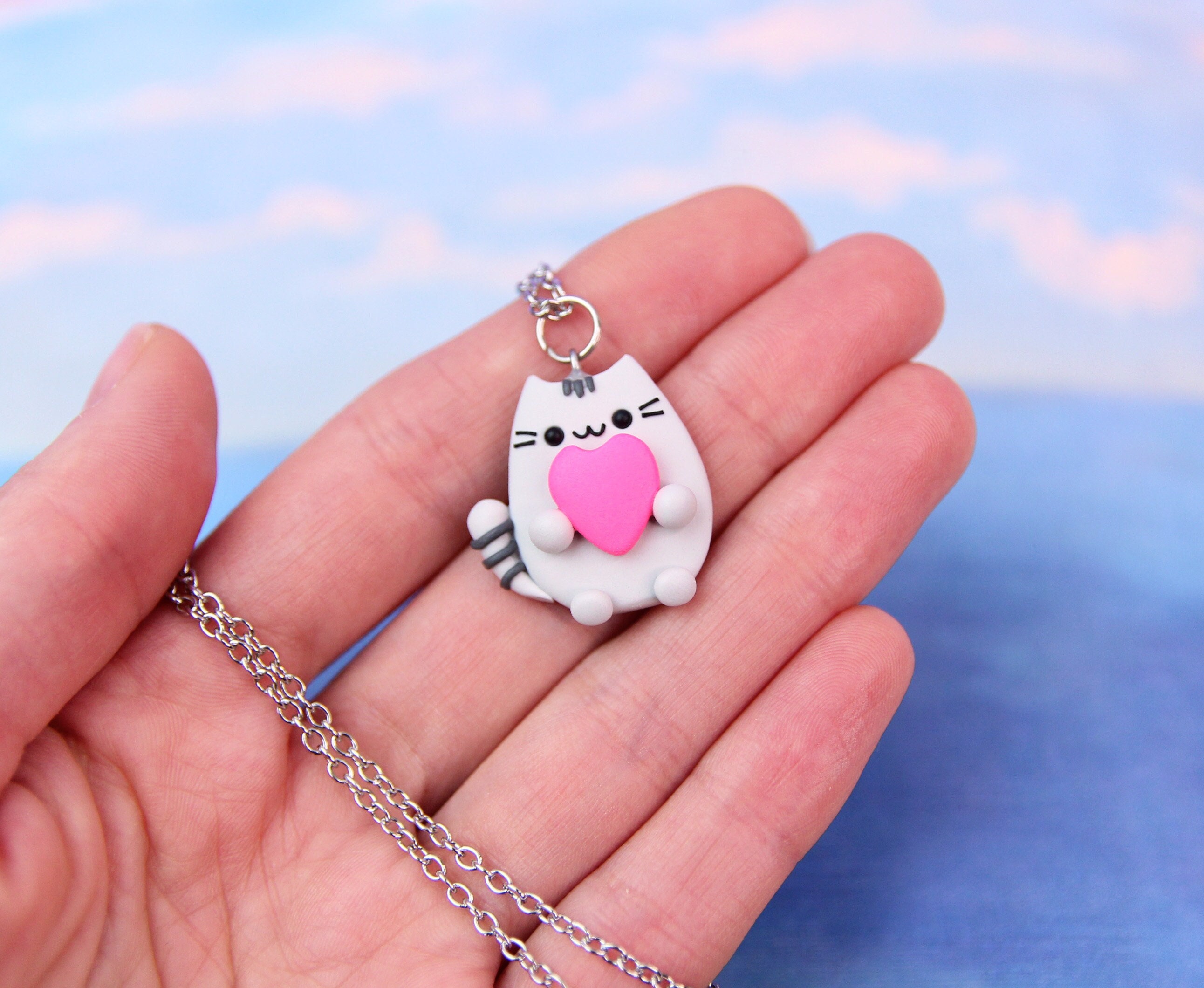 Polymer clay Pusheen Cat Necklace, Cute Anniversary Gift, Lovely Cat With Heart Charm, Kawaii Pusheen Pendant, Girlfriend Gift