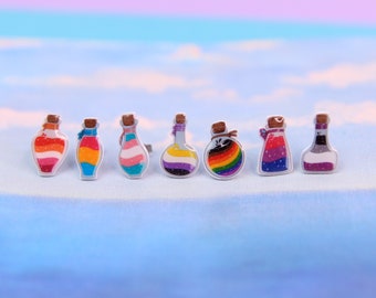 Pendientes de botón con forma de botella mágica LGBTQ+, joyería con la bandera del orgullo, bisexuales, transgénero, lesbianas, no binarias, asexuales, pansexuales, bandera arcoíris, pendientes queer
