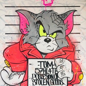 May include: A cartoon illustration of Tom the Cat wearing a red jacket, holding a sign that reads "TOM - 57HL4TE POSSESSION OF STOLEN GOODS". The background is a white wall with black lines.