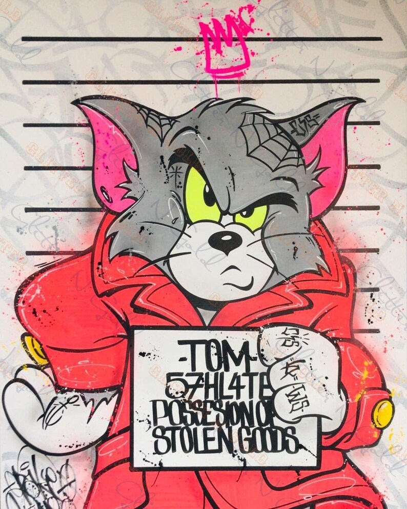 May include: A cartoon illustration of Tom the Cat wearing a red jacket, holding a sign that reads "TOM - 57HL4TE POSSESSION OF STOLEN GOODS". The background is a white wall with black lines.