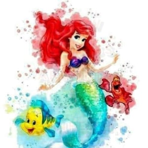 May include: A watercolor painting of Ariel, the Little Mermaid, with her red hair, green tail, and a yellow fish and a red crab beside her.