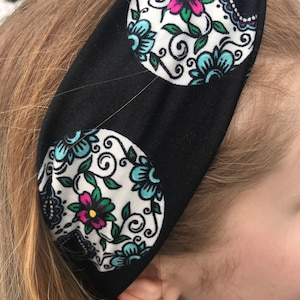 Sugar Skulls Twist Headband | Twist Knot Boho Headband, Soft Turban Style, Yoga Gym Running Workout, Nurse Headband, Handmade, Stretchy, Cgm