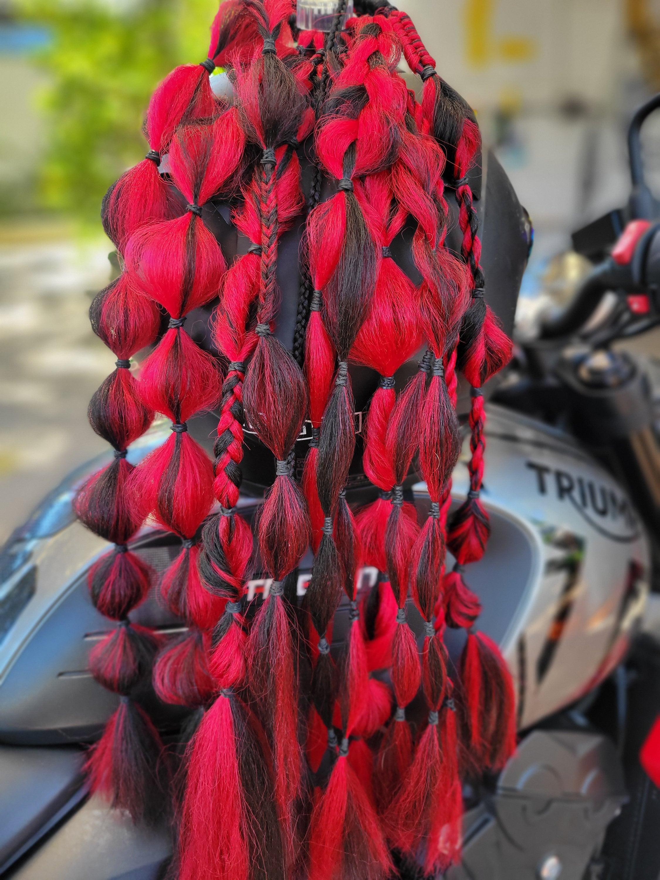 Biker Braids, Red Black, Rave Braid, Helmet Ponytail, Helmet