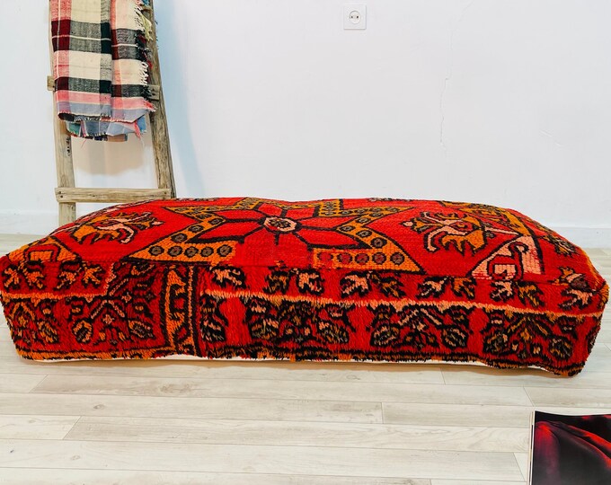 Rectangular Vintage Rug Pouf made from Morocco_Bean Bag Ottoman_Floor cushion.Berber Pouf
