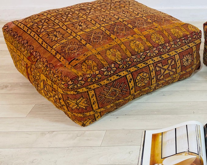 Vintage square Moroccan Poufs/cushions_Berber Floor Pillows_Ethnic Pouf_Boho Decor_Ottoman Kilim Pouffe_24"24"8"_FREESHIPPPING