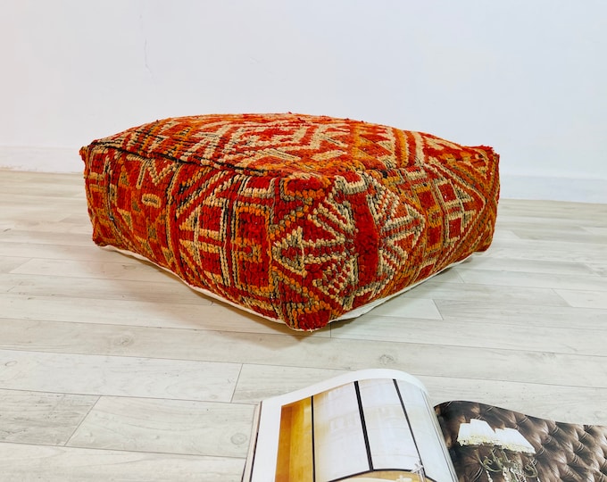 Moroccan Kilim Pouf_Vintage Rug Pouf_Square Pouf_Floor Kilim Cushion_Ottoman Square Pouf