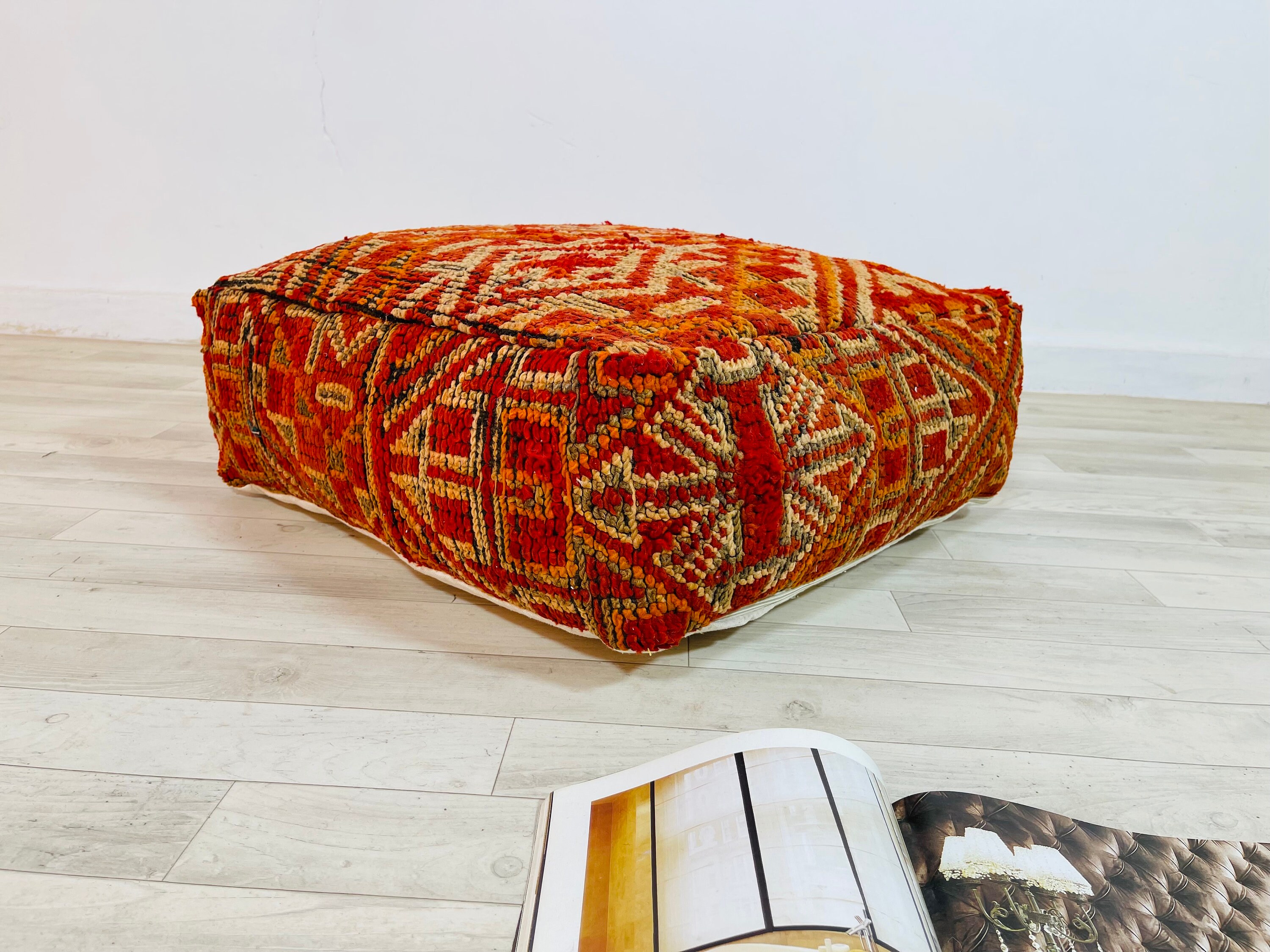 Moroccan Kilim Pouf_Vintage Rug Pouf_Square Pouf_Floor Cushion_Ottoman Square Pouf