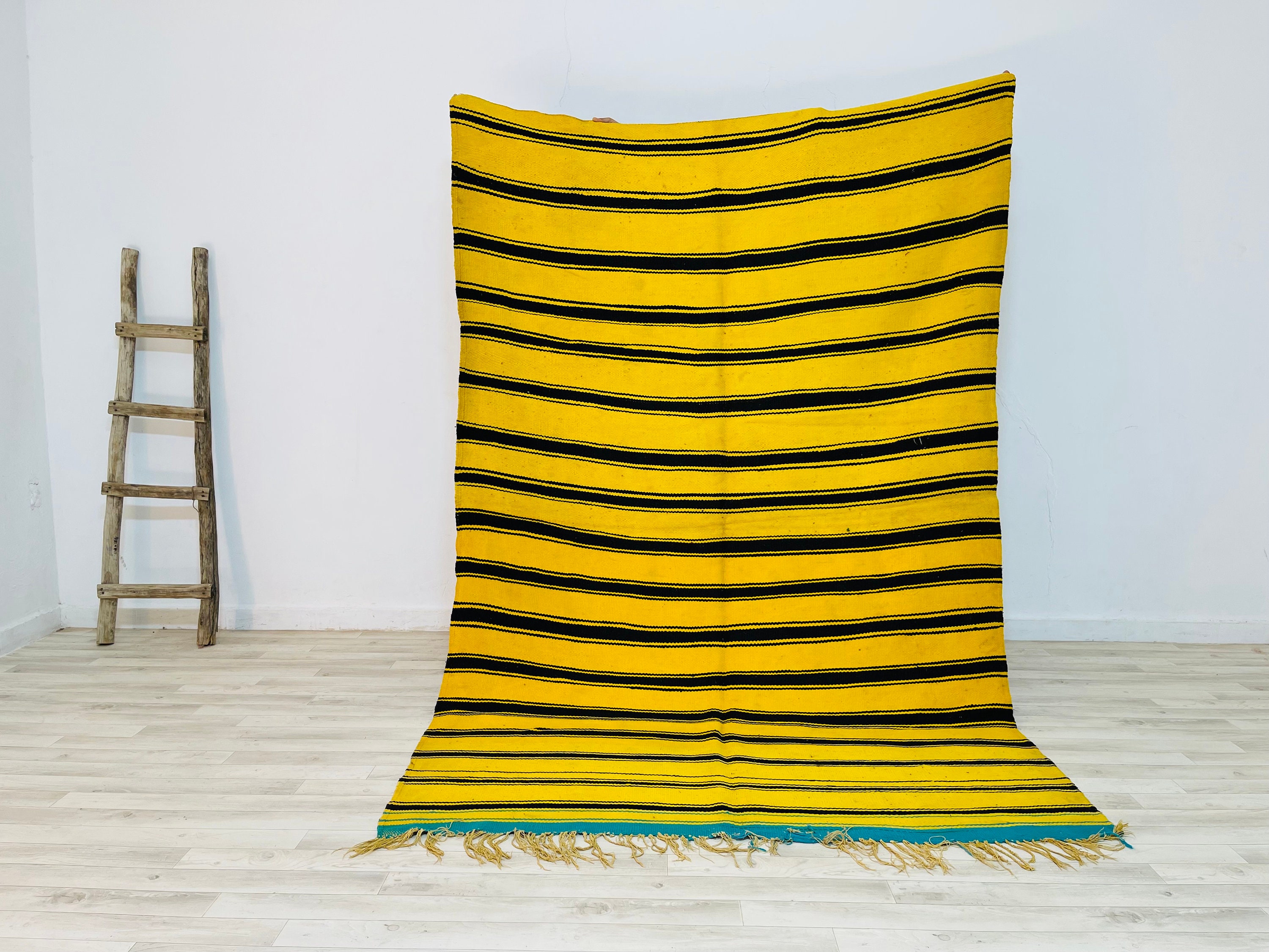 8x5 Ft Area Kilim Vintage Kilim Moroccan Rug, Yellow Bleu Yellow Blanket 8.2x5.4 Feet