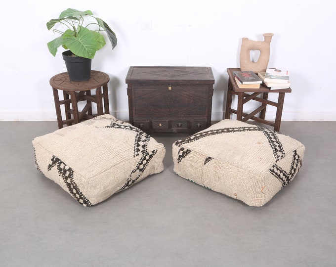 Old Kilim Pouf-Vintage Moroccan Pouf-Abstract Pouf-Stool Cover Pouf 24" 24" 8"