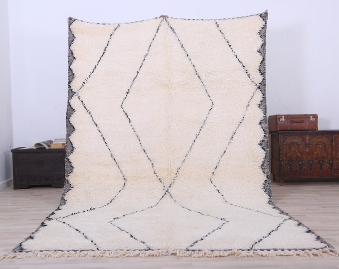 Berber Moroccan Rug-Beniourain Rug-Livingroom Rug-White & black Color Rug-Wool Carpet 10.4 x 6.6FT