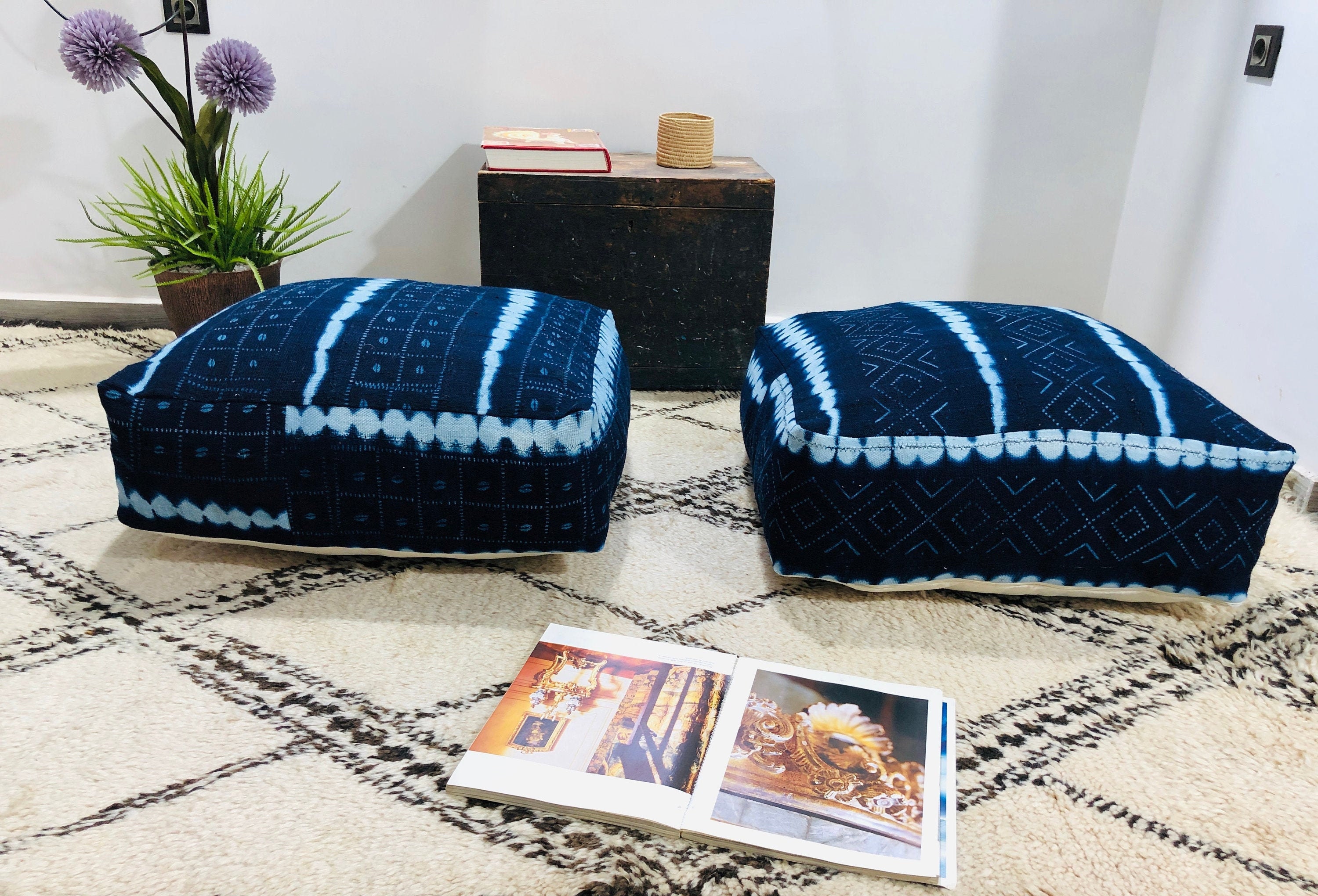 Amazing Pouf-Mudcloth Floor-Ottoman-Cushion-Home Decor Pouf-Bleu Pouffe-Pillow Covers-Inser Availabl