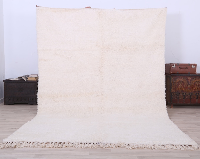 Moroccan Rug-Beniourain Rug-Livingroom Rug-White Color Rug-Wool Carpet 9.6 x 6.7 FT