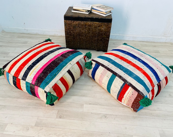 Amazing Pomp Floor Pouffe Handmade Kilim poufs Berber Style Pouf Colorful kilim stool Covers Deal for two poufs 24" 24" 8"