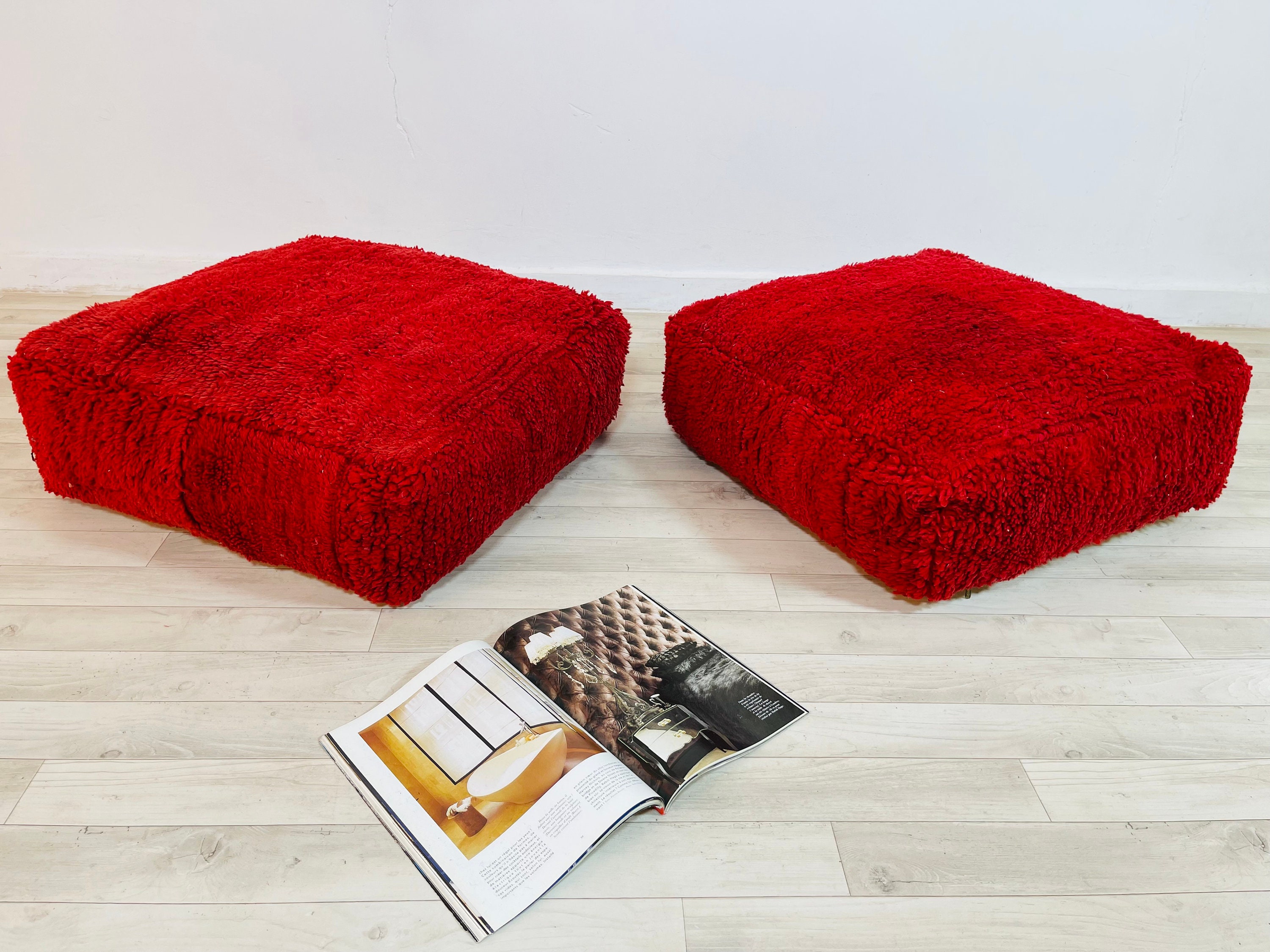 Soft Wool Pouffe_Vintage Red Floor _Ottoman Chair_Luxury Pouf_Bean Bag Berber Pillow_Moroccan Pouffe