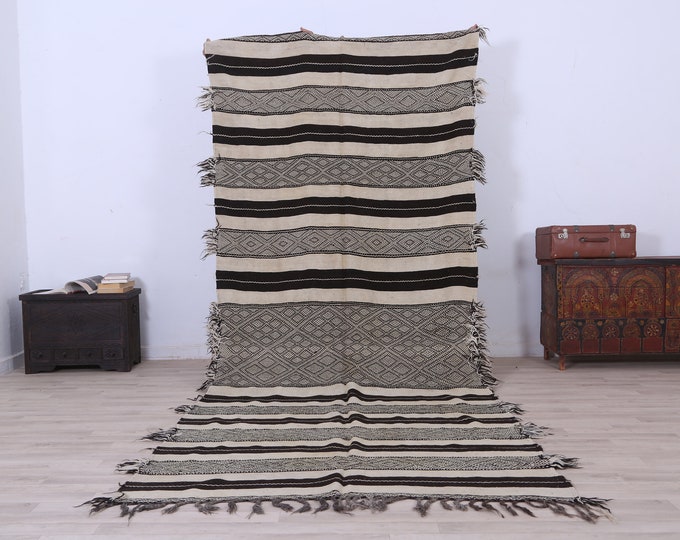 White and black kilim,Berber kilim rug,Traditional kilim rug,Old tribal rug,Handmade kilim rug 11ft x 4.5ft