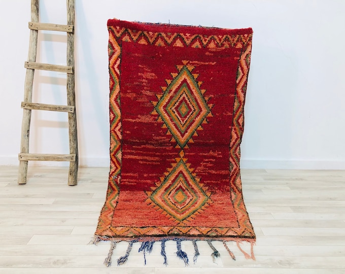 Red vintage rug 5x2.8Ft Moroccan knotted rug hand woven rug area rug vintage rug WAK112