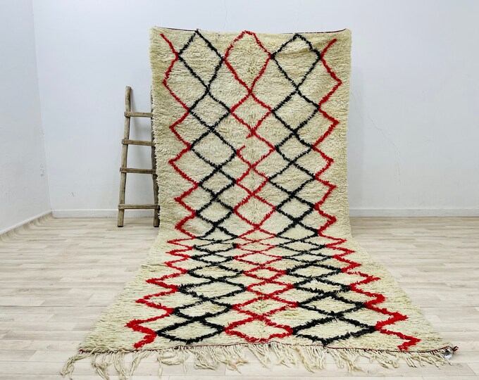 11.8x5.1 Ft Moroccan Azilal Rug Unique Berber Rug Striped Wool Rug Red and Black 5x11