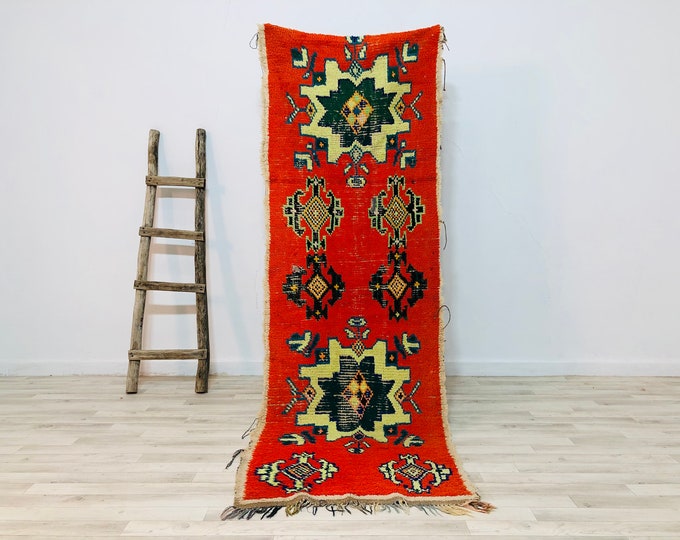 FATIHA-Diamond Patterned Moroccan Boucherouite Rug 8x2.6 feet-Red,Green,Yellow and Bleu