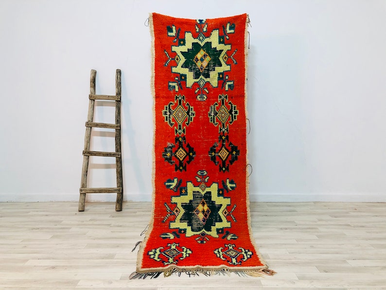 FATIHA-Diamond Patterned Moroccan Boucherouite Rug 8x2.6 feet-Red,Green,Yellow and shops Bleu