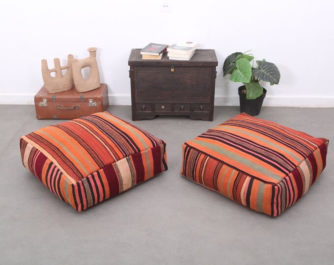 Colorful wool pouf,Moroccan ottoman cushion,Handmade carpet pouf 24" 24" 8" Inches