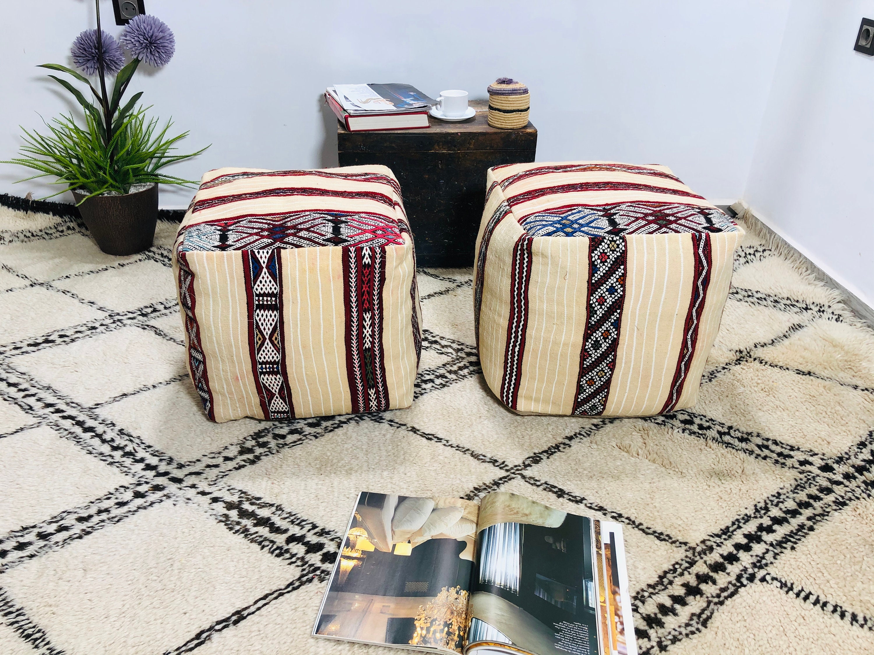 Moroccan Bohemian Pouf_Ottoman Floor_Kilim Pouf, Cushion Covers_Foot Stool Pouf_Floor Cushion