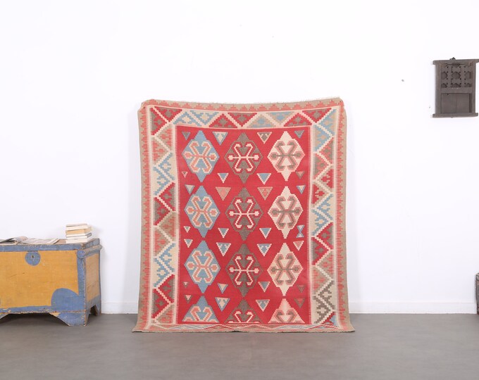 Moroccan kilim rug,Knotted rug,Colored kilim carpet,Contemporary vintage rug 6.2 FT x 5 FT